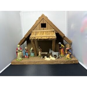 Vintage Christmas Nativity Scene Set 10 Resin Figures Wood Manger‎ Germany
